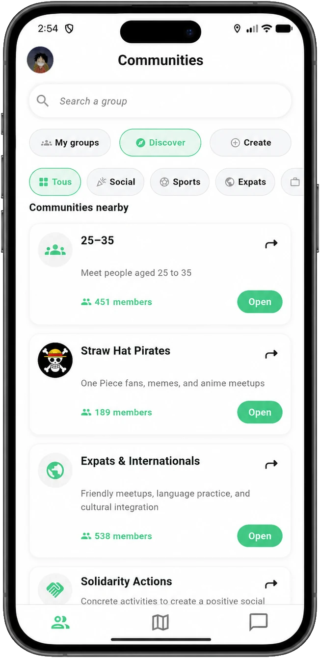 Sity mobile communities screen showing nearby groups.