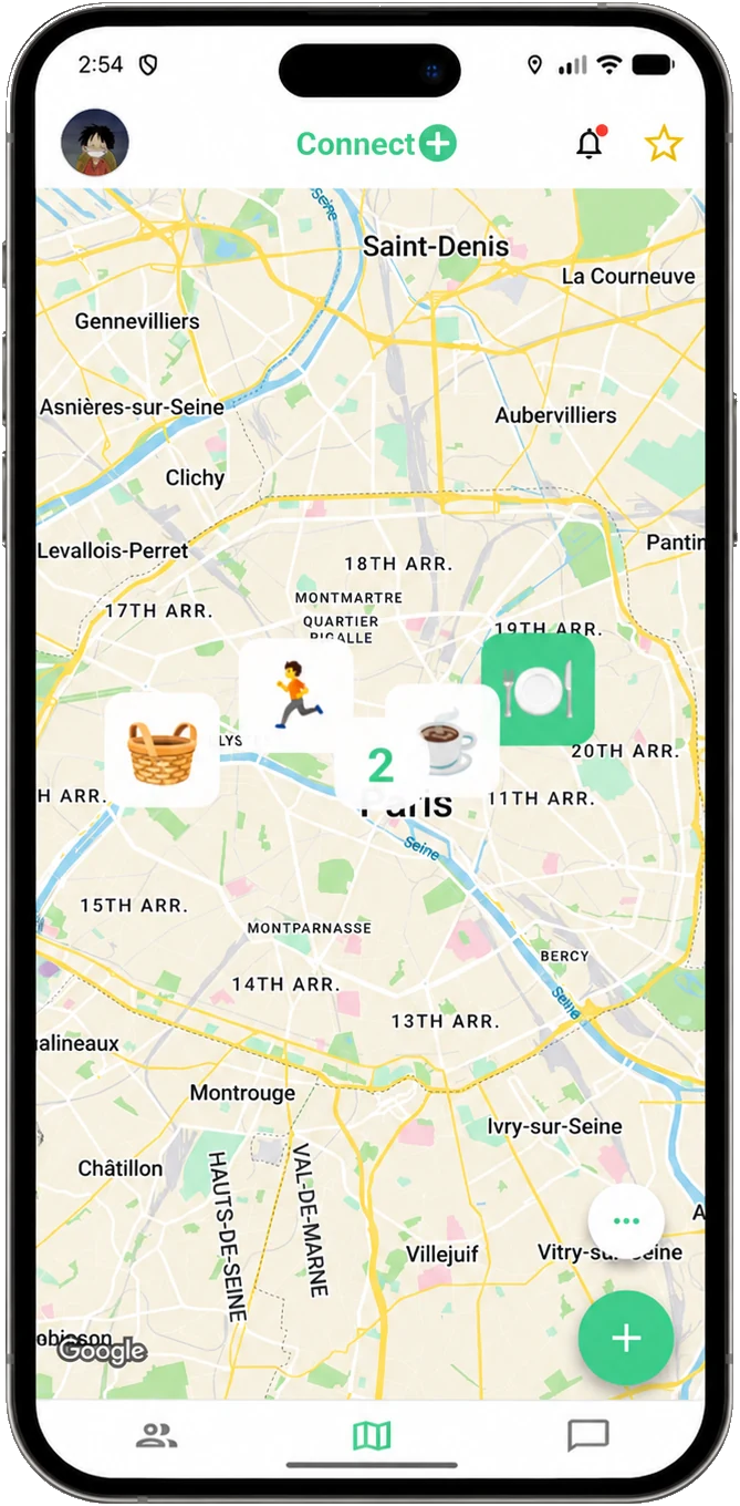 Sity mobile map screen showing nearby local moments in Paris.